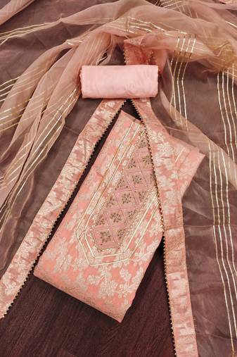 Peach Jacquard Woven Unstitched Dress Material