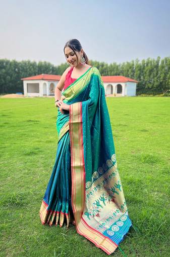 Rama Green Color Paithani Weaving Sarees Woth Elegant Rich Pallu Saree