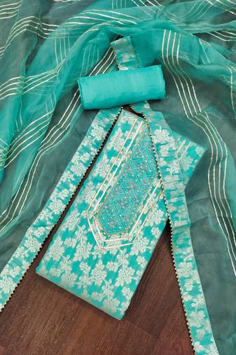 Turquoise Jacquard Woven Unstitched Dress Material