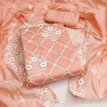Peach Chanderi Cotton Embroidered Unstitched Dress Material 1