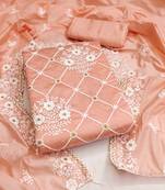 Peach Chanderi Cotton Embroidered Unstitched Dress Material