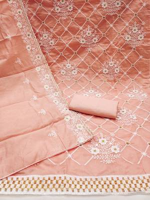Peach Chanderi Cotton Embroidered Unstitched Dress Material 2