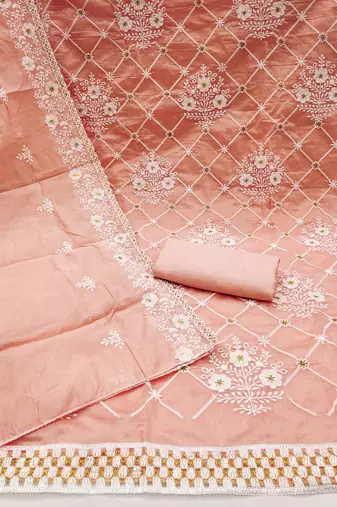 Peach Chanderi Cotton Embroidered Unstitched Dress Material