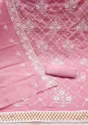 Pink Chanderi Cotton Embroidered Unstitched Dress Material 2