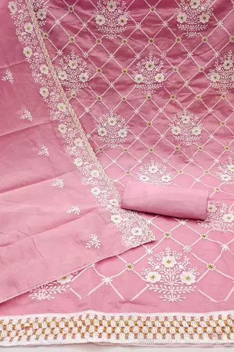 Pink Chanderi Cotton Embroidered Unstitched Dress Material