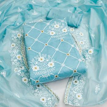 Sky Blue Chanderi Cotton Embroidered Unstitched Dress Material 1