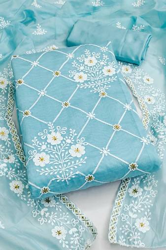Sky Blue Chanderi Cotton Embroidered Unstitched Dress Material