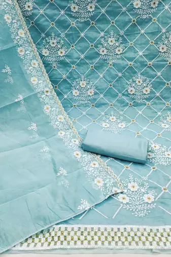 Sky Blue Chanderi Cotton Embroidered Unstitched Dress Material
