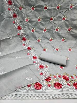 Grey Chanderi Cotton Embroidered Unstitched Dress Material 2