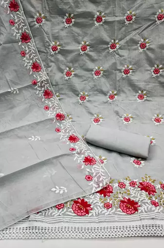 Grey Chanderi Cotton Embroidered Unstitched Dress Material