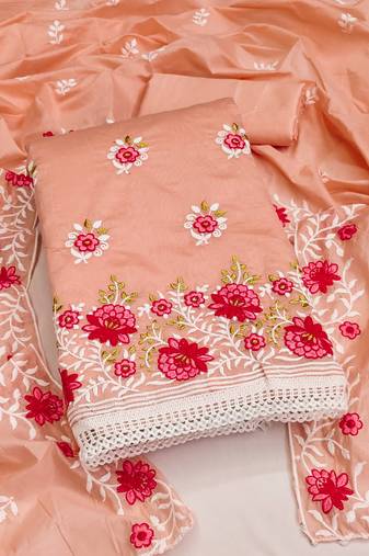 Peach Chanderi Cotton Embroidered Unstitched Dress Material