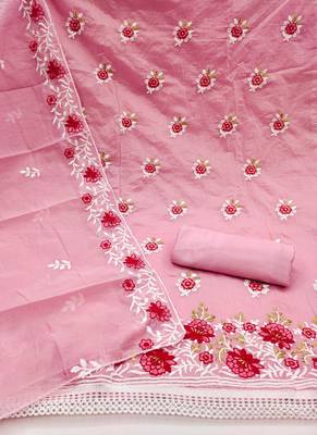 Pink Chanderi Cotton Embroidered Unstitched Dress Material 2