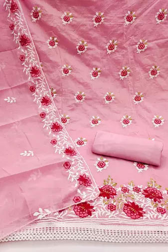 Pink Chanderi Cotton Embroidered Unstitched Dress Material