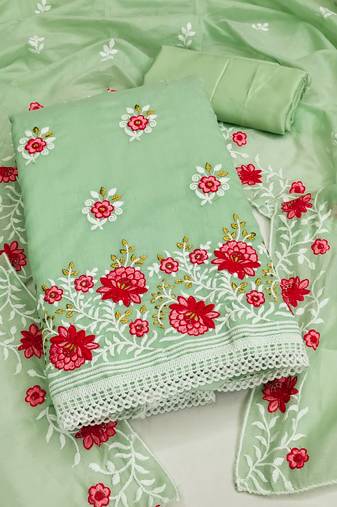 Pista Chanderi Cotton Embroidered Unstitched Dress Material