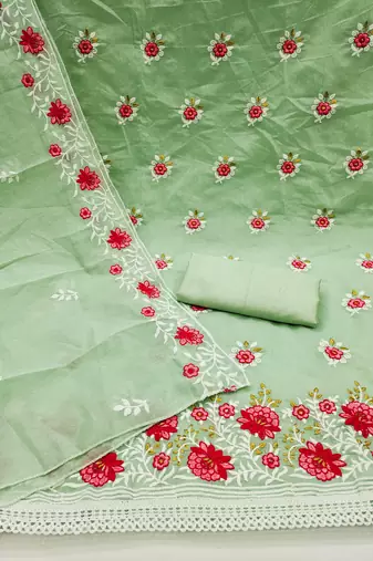 Pista Chanderi Cotton Embroidered Unstitched Dress Material