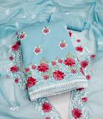 Sky Blue Chanderi Cotton Embroidered Unstitched Dress Material