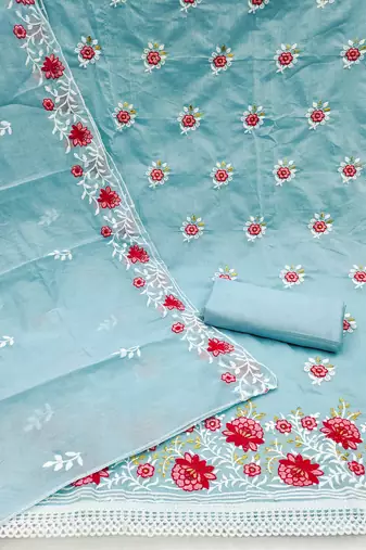 Sky Blue Chanderi Cotton Embroidered Unstitched Dress Material