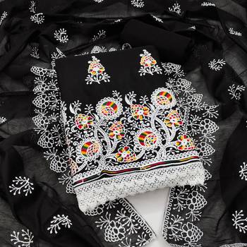 Black Chanderi Cotton Embroidered Unstitched Dress Material 1