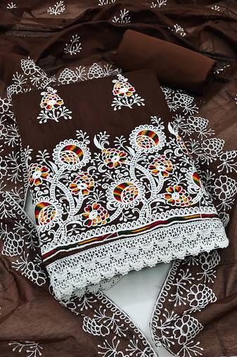 Brown Chanderi Cotton Embroidered Unstitched Dress Material
