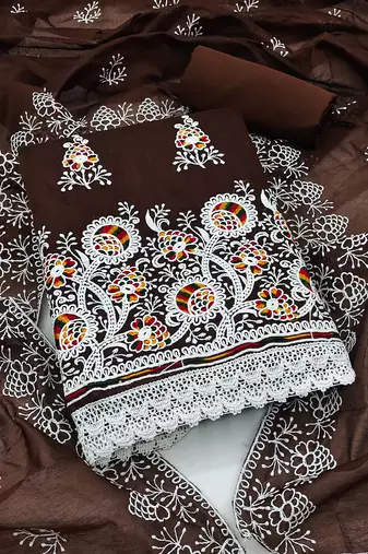 Brown Chanderi Cotton Embroidered Unstitched Dress Material