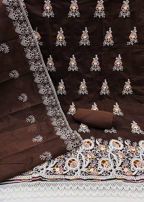 Brown Chanderi Cotton Embroidered Unstitched Dress Material 2