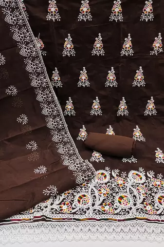 Brown Chanderi Cotton Embroidered Unstitched Dress Material