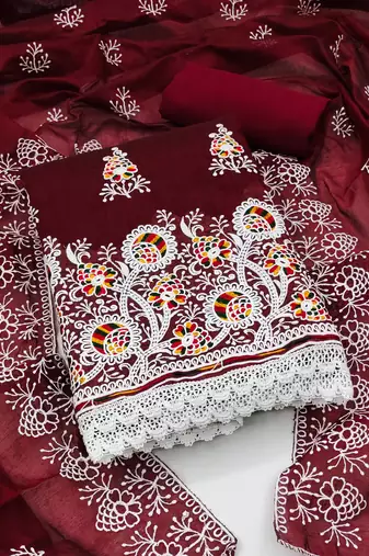 Maroon Chanderi Cotton Embroidered Unstitched Dress Material