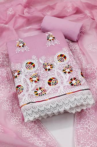 Pink Chanderi Cotton Embroidered Unstitched Dress Material