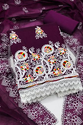 Purple Chanderi Cotton Embroidered Unstitched Dress Material