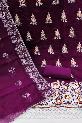 Purple Chanderi Cotton Embroidered Unstitched Dress Material