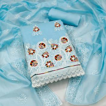 Sky Blue Chanderi Cotton Embroidered Unstitched Dress Material 1