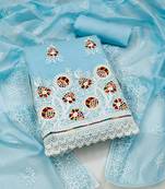 Sky Blue Chanderi Cotton Embroidered Unstitched Dress Material