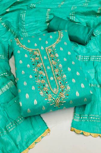 Turquoise Jacquard Woven Unstitched Dress Material