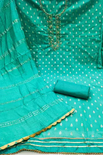 Turquoise Jacquard Woven Unstitched Dress Material