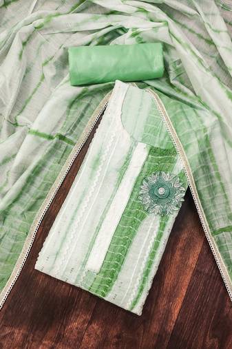 Green Chanderi Cotton Embroidered Unstitched Dress Material