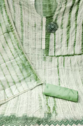 Green Chanderi Cotton Embroidered Unstitched Dress Material
