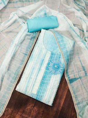 Sky Blue Chanderi Cotton Embroidered Unstitched Dress Material 1
