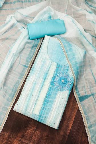 Sky Blue Chanderi Cotton Embroidered Unstitched Dress Material