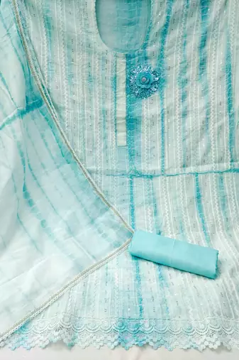 Sky Blue Chanderi Cotton Embroidered Unstitched Dress Material