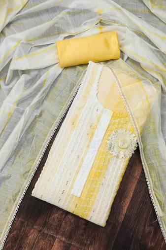 Yellow Chanderi Cotton Embroidered Unstitched Dress Material