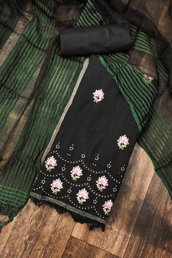 Women'S Black Cotton Embroidered Unstitched Dress Material