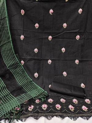 Women'S Black Cotton Embroidered Unstitched Dress Material 2