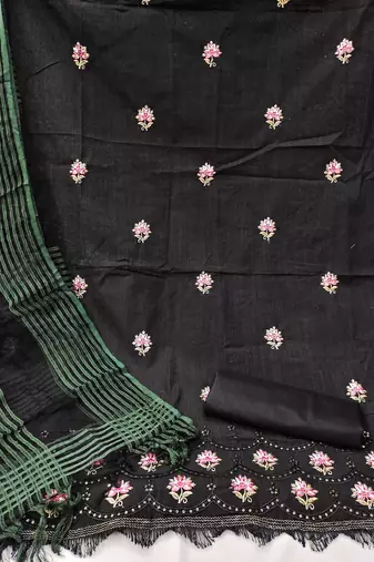 Women'S Black Cotton Embroidered Unstitched Dress Material