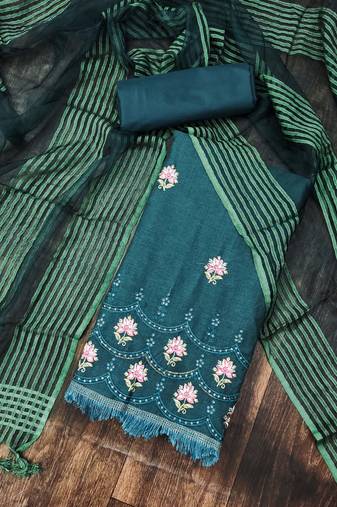 Women'S Teal Cotton Embroidered Unstitched Dress Material