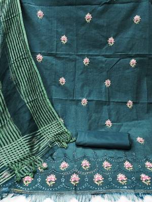 Women'S Teal Cotton Embroidered Unstitched Dress Material 2