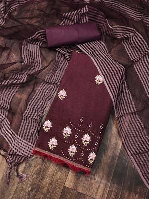 Women'S Wine Cotton Embroidered Unstitched Dress Material 1