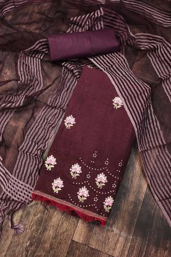 Women'S Wine Cotton Embroidered Unstitched Dress Material