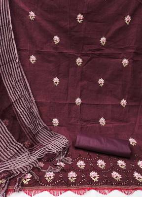 Women'S Wine Cotton Embroidered Unstitched Dress Material 2