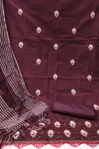 Women'S Wine Cotton Embroidered Unstitched Dress Material