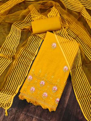 Women'S Yellow Cotton Embroidered Unstitched Dress Material 1